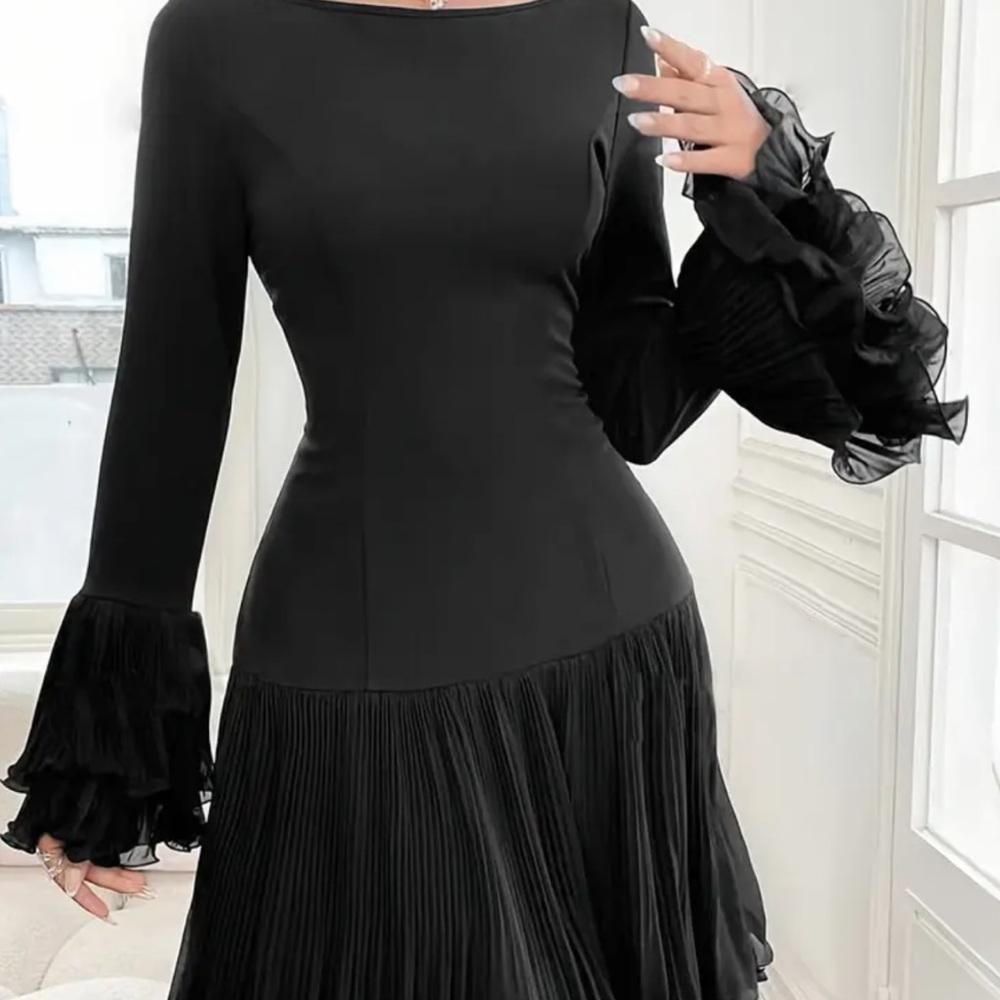 Elegant Black Long Sleeve Dress with Ruffled Cuffs